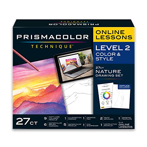 Prismacolor Technique Digital Art Lessons, Nature Drawing Set, Learn to Draw with Colored Pencils, Watercolor Pencils, Brush Markers, Sunset - WoodArtSupply