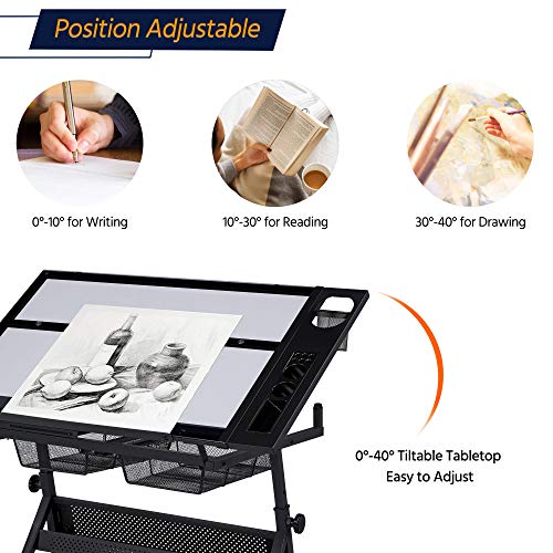 Topeakmart Height Adjustable Drafting Desk Artist Drawing Table Tilted Tabletop Art Desk Work Station w/2 Storage Drawers and Stool for Home Office Topeakmart