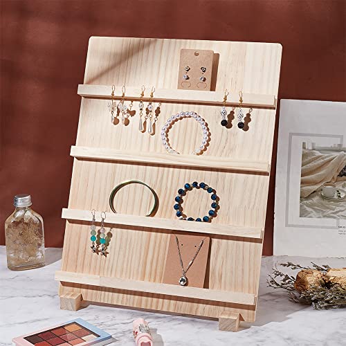 PH PandaHall 4-Tier Wooden Earring Display Stand, Retail Jewelry Display Riser Removable Showcase with Slots Rustic Earring Display Card Holder for PH PandaHall