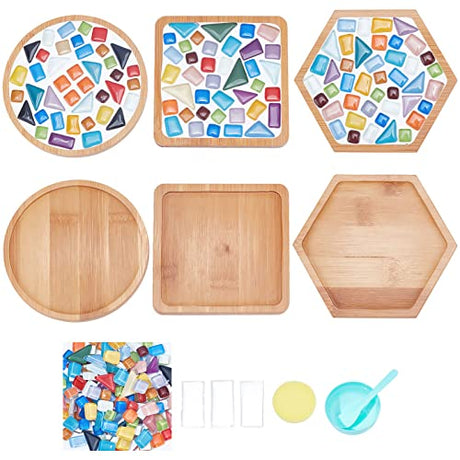 WEBEEDY 3 Sets Glass Mosaic Tiles Mosaic Kit with Bamboo Coaster DIY Mosaic Coaster Kit DIY Mosaic Crafts Kits Mosaic Coaster Making Kit for Drinks WEBEEDY