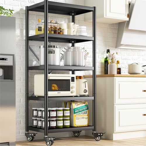 REIBII 5-Tier Heavy Duty Storage Shelves with Wheels - Adjustable Metal Shelving Unit for Garage and Pantry - WoodArtSupply