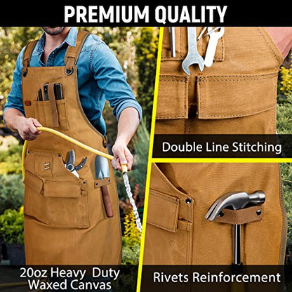 UUP Woodworking Apron for Men 20 oz Work Apron for Men with 9 Tool Pockets, Heavy Duty Waxed Canvas Apron Fit for Size S to XXL, Khaki