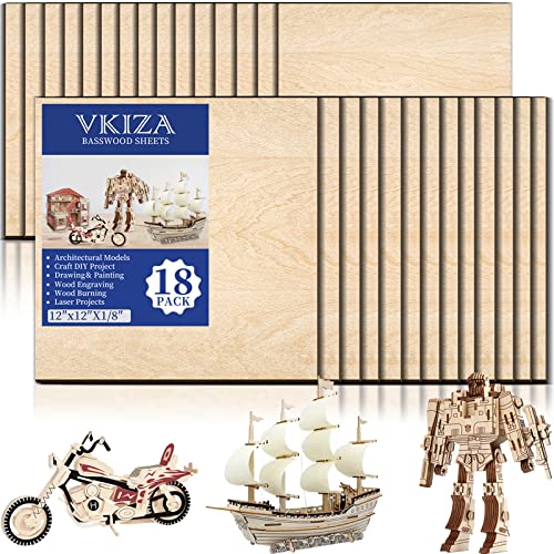 18 Pack Basswood Sheets 12"x12"x1/8" for Crafts, Unfinished Wood, Basswood Craft Wood Board Perfect for DIY Ornaments and Models Drawing Painting VKIZA