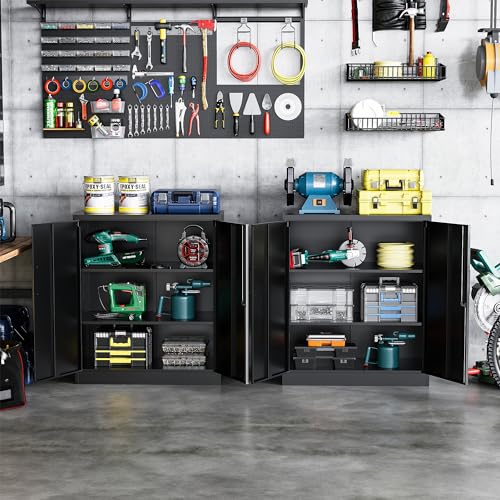 STANI Metal Storage Cabinet with 2 Adjustable Shelves, Steel Counter Cabinet with Lockable Doors for Home Office (Black) STANI