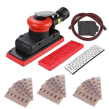 2-3/4" x 8" Dust-free Air Orbital Sander, 70 mm x 198 mm 1/8 in Orbit, 10,000 Max OPM Dust Bag Style with Extra Hook-Loop Pad and 15pcs EROSHAK