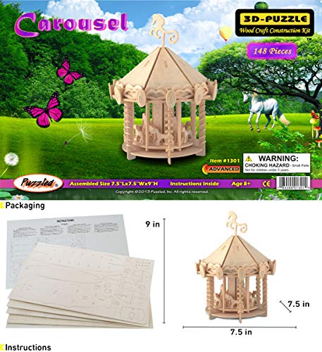 Puzzled 3D Puzzle Carousel Set Wood Craft Construction Model Kit, Fun & Educational DIY Wooden Toy Assemble Model Unfinished Crafting Hobby Puzzle to Puzzled