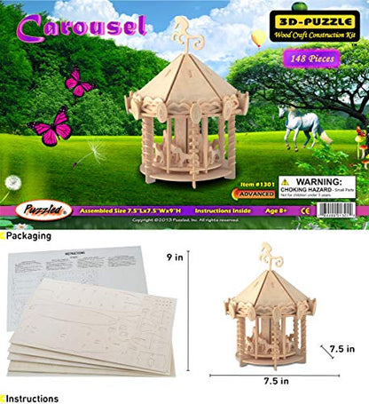 Puzzled 3D Puzzle Carousel Set Wood Craft Construction Model Kit, Fun & Educational DIY Wooden Toy Assemble Model Unfinished Crafting Hobby Puzzle to - WoodArtSupply