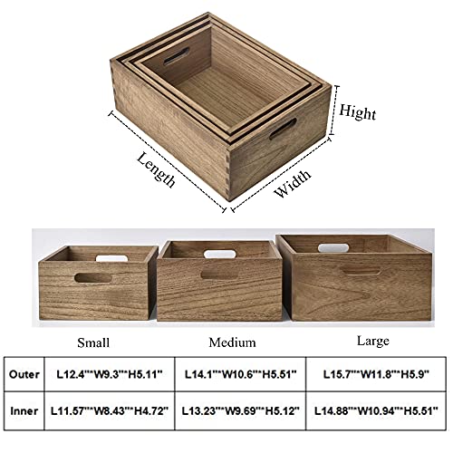 KIRIGEN Nesting Wooden Crates with Portable Handles for Home Organizer - Wood Rustic Decor Farmhouse Boxes/Basket Rolling Trays set of 3 Dark Brown KIRIGEN