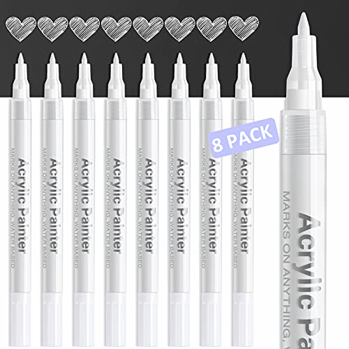 White Paint Pen Acrylic Marker: 8 Pack 0.7mm White Paint Marker for Metal, Art, Wood, Black Paper, Plastic, Ceramic, Metallic, Rock Painting, AKARUED