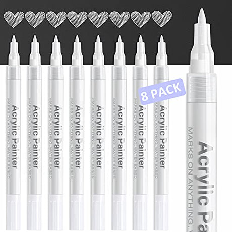 White Paint Pen Acrylic Marker: 8 Pack 0.7mm White Paint Marker for Metal, Art, Wood, Black Paper, Plastic, Ceramic, Metallic, Rock Painting, AKARUED