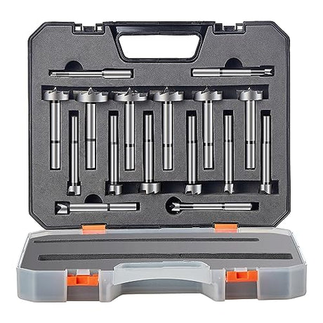 VEVOR Forstner Bit Set, 16 Pcs Forstner Drill Bits Set, 1/4" to 1-5/8", Carbon Steel, with Universal Round Shank, Forstner Drill Bit for Wood and VEVOR