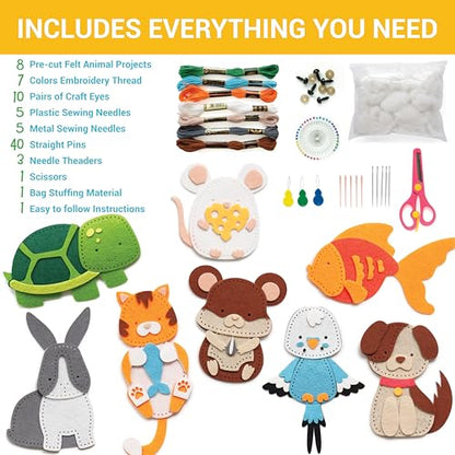 Craftorama Sewing Kit for Kids, Fun and Educational Pets Craft Set for Boys and Girls Age 7-12, Sew Your Own Felt Animals Craft Kit for Beginners,
