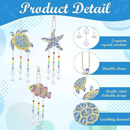 Anseal 3 Pack Diamond Art Suncatcher Wind Chime Kits for Adults Kids, Double Sided Crystal Sea Animals Diamond Painting Hanging Ornament Suncatchers