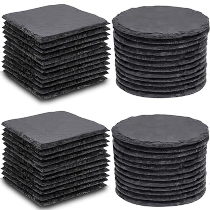 MAPRIAL 48 PCS Slate Coasters Bulk, 4 Inch Black Coasters for Drinks, 24 PCS Natural Square Slate Coasters and Round Stone Coasters for Coffee,