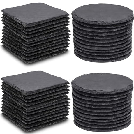 MAPRIAL 48 PCS Slate Coasters Bulk, 4 Inch Black Coasters for Drinks, 24 PCS Natural Square Slate Coasters and Round Stone Coasters for Coffee, MAPRIAL