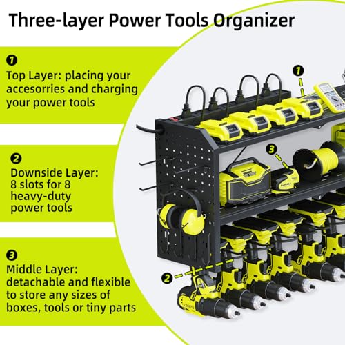 KAFAHOM Power Tool Organizer with Charging Station, Built in 8 Outlet Power Strip,Large 8 Drill Holder Wall Mount, Heavy Duty Metal Power Tool - WoodArtSupply