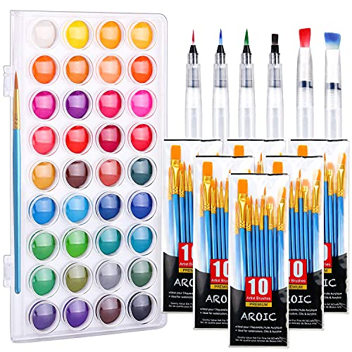 AROIC 36 Colors Watercolor Paint Set, Watercolor Pan Set with 70 Nylon Brushes and 6 Refillable Water Brushes. Perfect for Adults, Children and AROIC