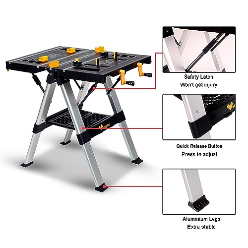 WORKESS Portable Workbench & Sawhorse, 440Lbs/1000Lbs Capacity Heavy Duty Folding Work Table, 21.5"-32.5" Adjustable Height with Clamping System, 2 x