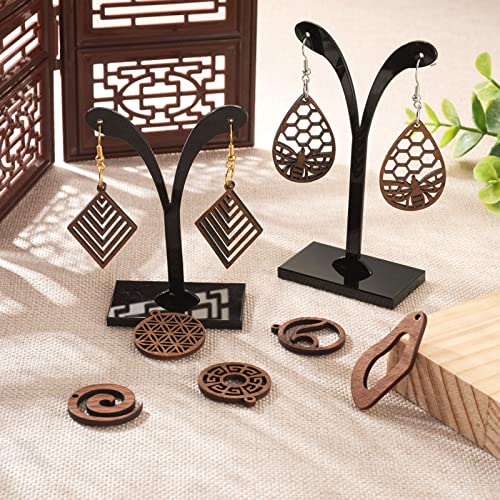 FASHEWELRY 24Pcs Natural Filigree Wood Earring Charms Blank Flat Round Teardrop Oval Walnut Wooden Pendants with 120pcs Earring Hooks Jump Rings for FASHEWELRY