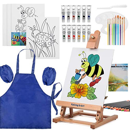 Falling in Art Painting Set for Kids with Table Easel-Acrylic Painting Starter Kit with Art Smock, 12 Acrylic Paints, 12 Water Soluble Colored - WoodArtSupply