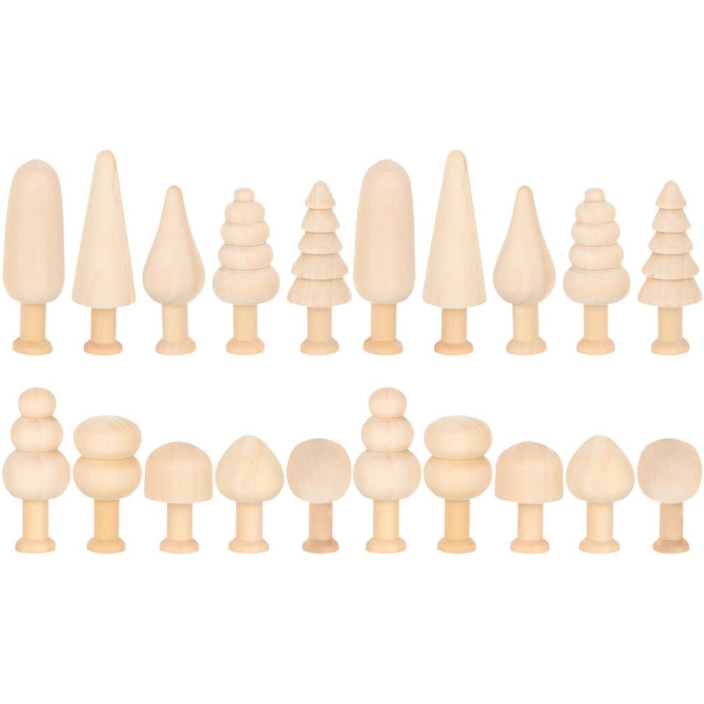 TEHAUX 20pcs Unfinished Wooden Trees, Blank Wooden Peg Dolls 5 Shape Mini Wooden Xmas Tree Craft Natural Small Wooden Tree for Arts Carfts Painting TEHAUX