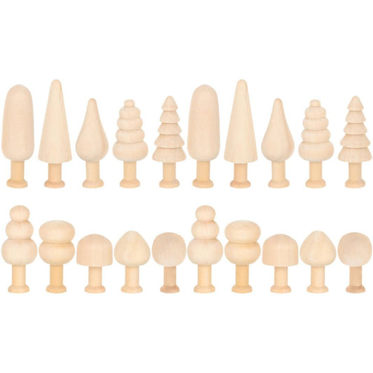 TEHAUX 20pcs Unfinished Wooden Trees, Blank Wooden Peg Dolls 5 Shape Mini Wooden Xmas Tree Craft Natural Small Wooden Tree for Arts Carfts Painting