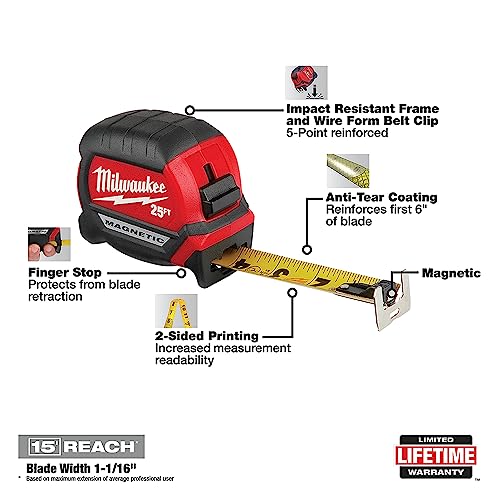 MILWAUKEE 25Ft Compact Magnetic Tape Mea - WoodArtSupply