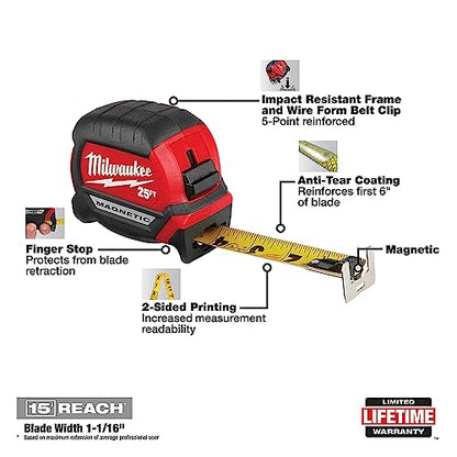 MILWAUKEE 25Ft Compact Magnetic Tape Mea - WoodArtSupply