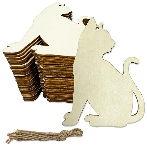 30pcs Unfinished Cat Wood DIY Crafts Cutouts Wooden Cat Shape Cutouts Blank Hanging Ornaments for Pets Themed Birthday Halloween Christmas Party