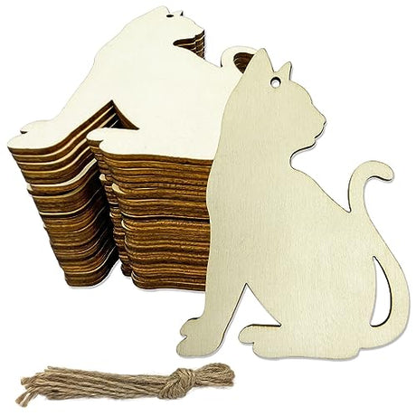 30pcs Unfinished Cat Wood DIY Crafts Cutouts Wooden Cat Shape Cutouts Blank Hanging Ornaments for Pets Themed Birthday Halloween Christmas Party JEKEJIAJIU