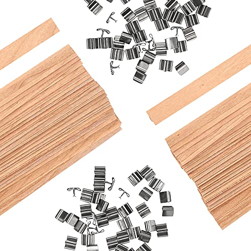 Wood Wicks for Candles Making - NOOR 50 Pieces Smokeless Wooden Wicks with Booster. Crackling Wood Wick with Metal Clips for Candle Making and DIY NOOR