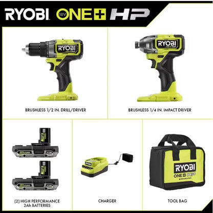 ONE+ HP 18V Brushless Cordless Combo Kit w/ 1/2 in. Drill, 1/4 in. Impact Driver (2) 2.0 Ah Batteries, Charger and Bag