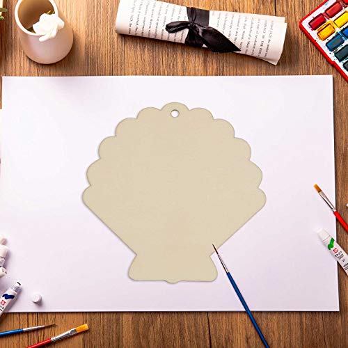 JANOU 20pcs Shell Shape Unfinished Wood Cutouts DIY Crafts Blank Hanging Gift Tags Ornaments with Ropes for Summer Ocean Sea Theme Party Decoration,