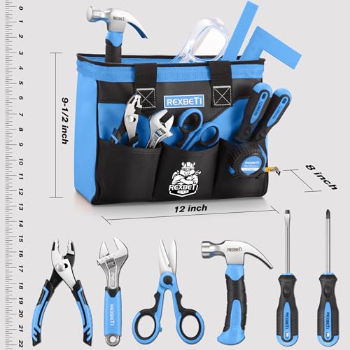 REXBETI 10-Piece Kids Tool Set with Real Hand Tools, Blue Durable Storage Bag, Children Learning Tool Kit for Home DIY and Woodworking REXBETI