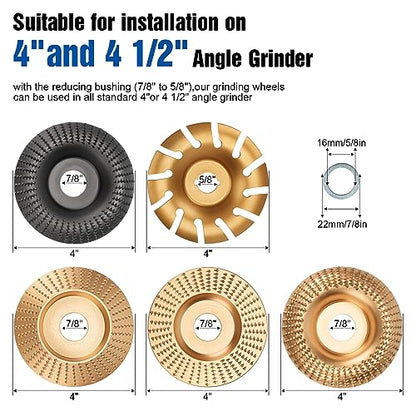 TOOVEM 5PCS Angle Grinder Wood Carving Disc Kit, Universal Grinder Wrench for 4" or 4 1/2" Angle Grinder with 5/8" Arbor,Grinding Wheel Shaping Disc - WoodArtSupply