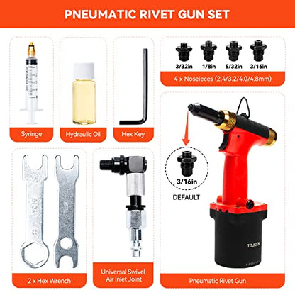 TOJIZEN Pneumatic Pop Rivet Gun Kit, Air Riveter Tool Set for 3/32, 1/8, 5/32, 3/16 Inch Aluminum/Iron/Stainless Steel Rivets - Professional Riveting - WoodArtSupply