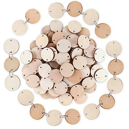 100 Wood Rounds and 100 Key Rings Wooden Circle Discs with Holes and Ring Clips for Birthday Board Tags, Homemade DIY Gifts, Arts & Crafts (1" Inch)