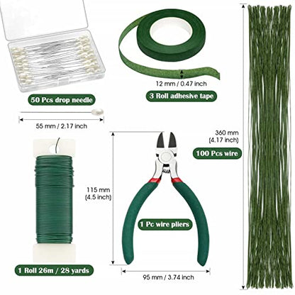 PAXCOO Floral Arrangement Kit with Green Tape and Wire, Boutonniere Flower pin, Wire Cutter for Wreath Making Supplies - WoodArtSupply