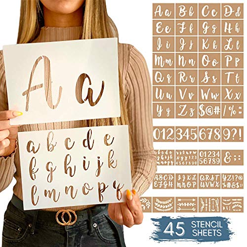 Boutique Calligraphy Stencil Template Kit - 45 Reusable Pieces Includes Lettering Upper and Lowercase both Large Small, Numbers, Punctuation, Laurels