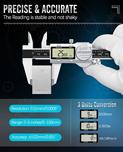 Housolution Digital Caliper, (ABS) Absolute Scale Caliper 6", IP54 Electronic Measuring Tool, Inch/MM/Fraction, Auto-Off LCD Stainless Steel Housolution