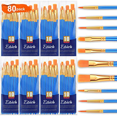 ESRICH Acrylic Paint Brushes Set,8Packs /80 Pcs, Nylon Brush Head, Suitable for Acrylic, Oil, Watercolor,Rock Body Face Nail Art,Perfect Suit of Art ESRICH