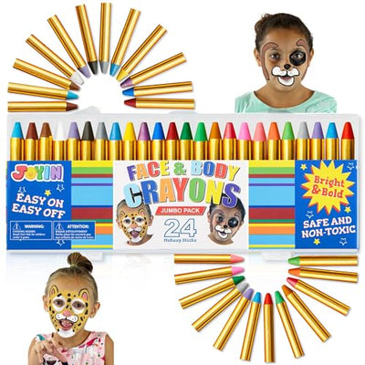 JOYIN 24 Colors Face Paint Safe & Non-Toxic Face and Body Crayons (Large Size 3 inch) Ultimate Party Pack Including 6 Metallic Colors for Birthday