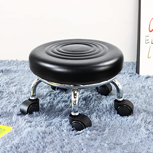 WKWKER Modern Roller Seat PU Leather Low Round Rolling Stool 360° Swivel Small Stool with Universal Caster Wheels Foot Stool for Home Office Garage WKWKER