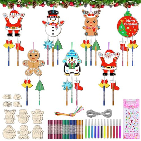 TREACLUB Christmas Wind Chime Kit for Kids, 12 Pack Merry Christmas Make Your Own Wooden Wind Chime DIY Coloring Xmas Snowman Santa Unfinished Wooden TREACLUB