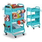 DESIGNA 3-Tier Utility Storage Rolling Cart with Removable Pegboard & Extra Storage Baskets Hooks, Metal Craft Art Carts for Gift Home Office, Teal DESIGNA