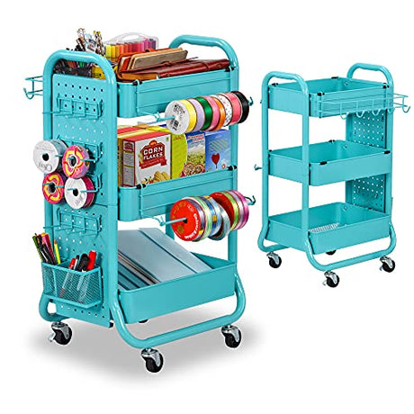 DESIGNA 3-Tier Utility Storage Rolling Cart with Removable Pegboard & Extra Storage Baskets Hooks, Metal Craft Art Carts for Gift Home Office, Teal DESIGNA