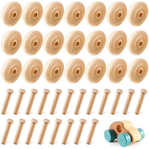 36 Pack Wooden Wheels Toys Wooden Wheels for Crafts Toys Wooden Craft Wheels Wooden Mini Wheels with Axle Pegs for Crafts DIY Toy Cars Painting - WoodArtSupply