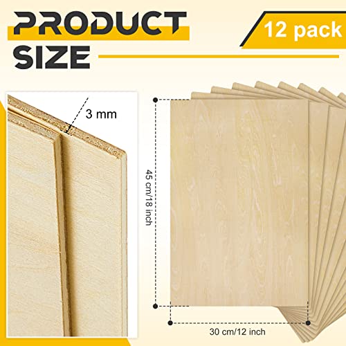 12 Pcs Basswood Sheets 3mm 1/8" x 12" x 18" Plywood Board Craft Wood Thin Wood Sheets for DIY Arts Crafts Woodworking Scroll Sawing Projects Painting