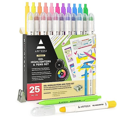 ARTEZA Gel Highlighters & Black Pens Set, Pack of 24 with Sharpener, Smudge-Free, Essential Office and School Writing Supplies, for Bibles, Books, ARTEZA