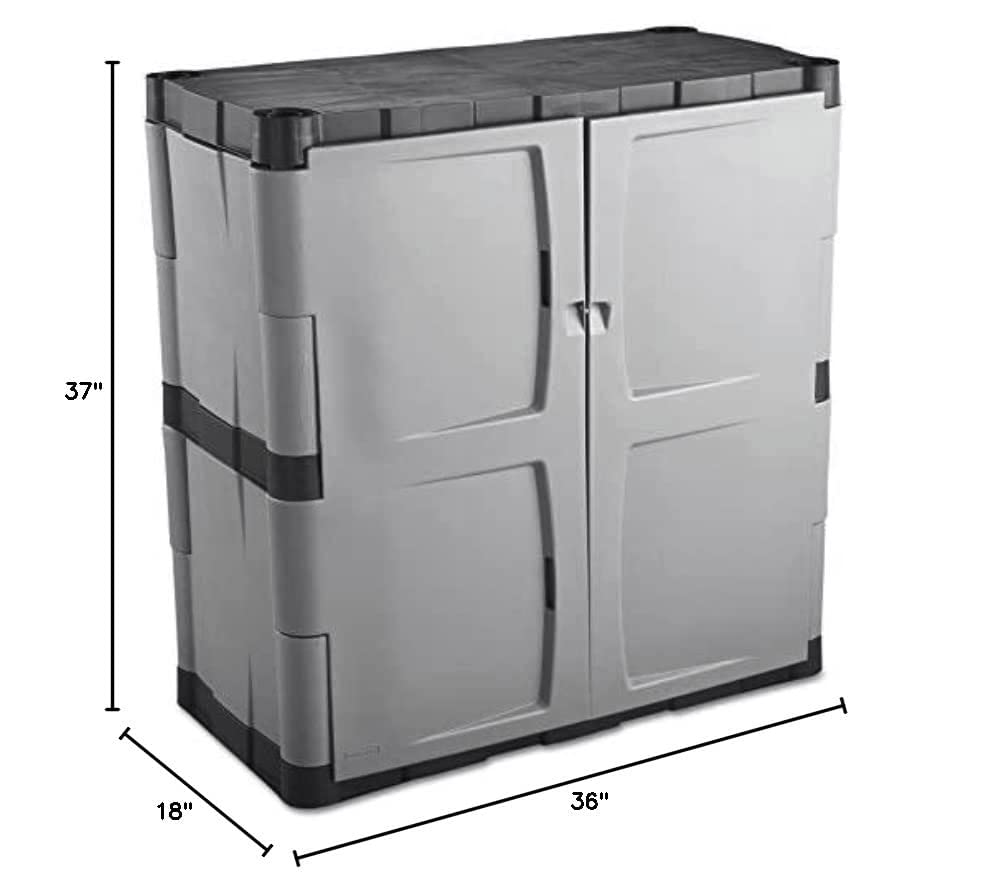 Rubbermaid Freestanding Storage Cabinet with Doors, 18"D x 36"W x 37"H, Medium, Gray/Black, Two-Shelf Lockable Cabinet for Indoor/Outdoor/Garage Rubbermaid